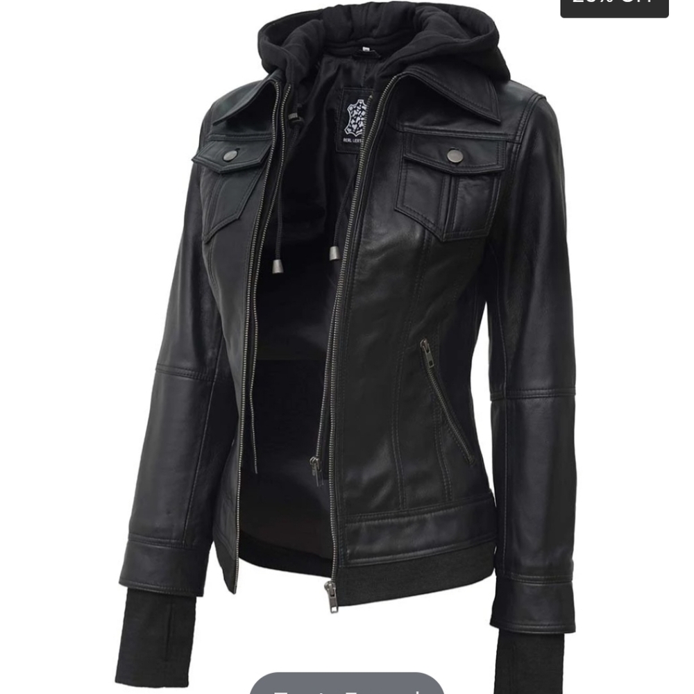 Women's Black Leather Jacket with Hood